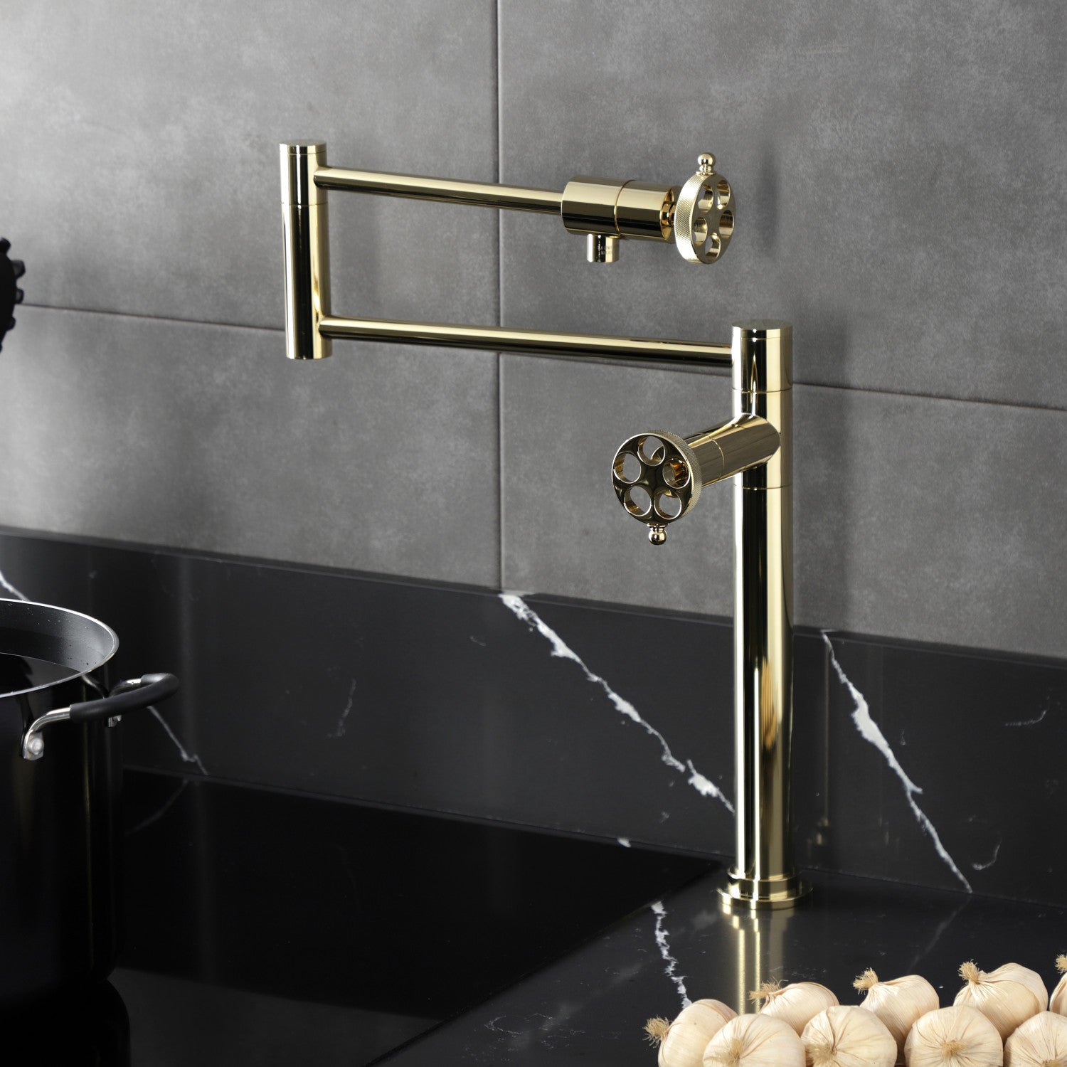 Kingston Sona KS4702RKZ - Wendell Two-Handle 1-Hole Deck Mount Pot Filler Faucet with Knurled Handle, Polished Brass — thumbnail 2